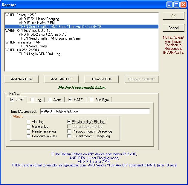 WattPlot Automatic Action definition screen