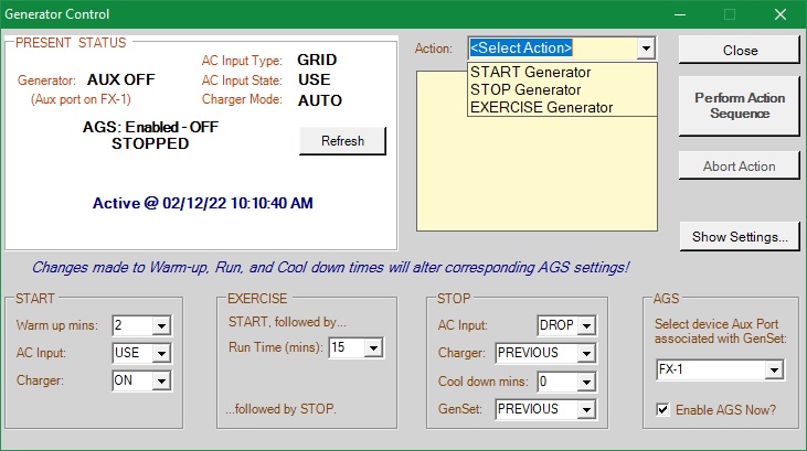 Generator Control Screen